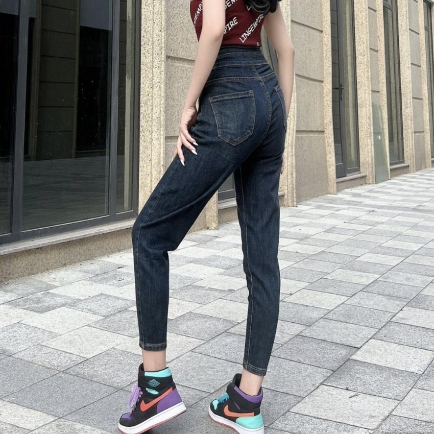 Quần jean nữ dáng baggy đen lưng cao ôm trơn ống đứng chất xịn dày dặn cao cấp 2014