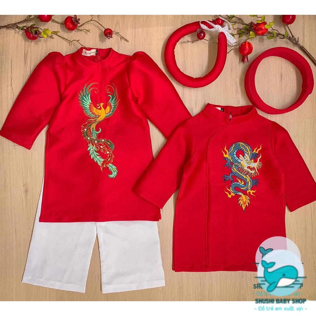 Áo Dài Tết Bé Gái Thêu Tay Hoạ Tiết Chim Phụng Sắc Xảo Shushibaby