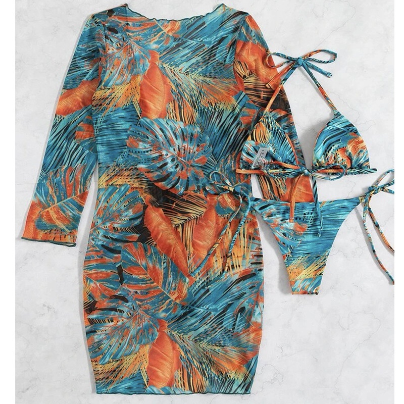 Bộ Đồ Bơi Ba Mảnh Phối Lưới Dây Rút Chống Nắng In Họa Tiết Phong Cách Âu Mỹ Mới Cho Nữ