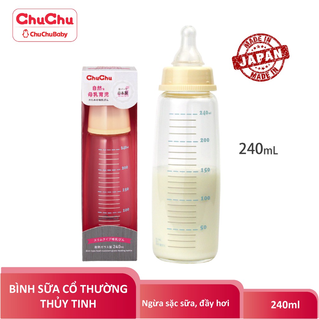 Bình sữa thủy tinh cổ thường ngừa sặc sữa, chống đầy hơi G240ml Chuchu baby chính hãng