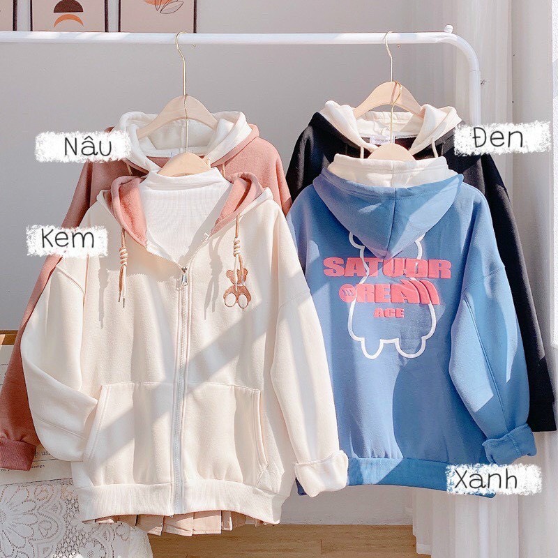 Áo Khoác Hoodie 2 Nón In Gấu SATUDR Kiểu Khóa Zip Kéo Phối 2 Nón Giữ Nhiệt Che Nắng Đa Năng Phong Cách Thời Trang Cá Tín