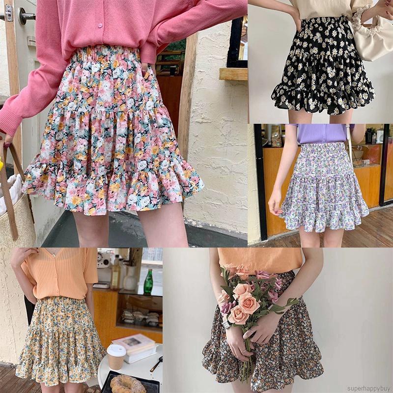Women Sweet Ruffled High Waist Pleated Chiffon Floral Short Skirts