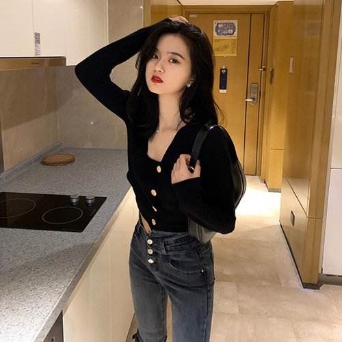 Áo croptop ZHELIHANGFEI dệt kim tay dài cổ vuông lưng cao quyến rũ tùy chọn màu sắc