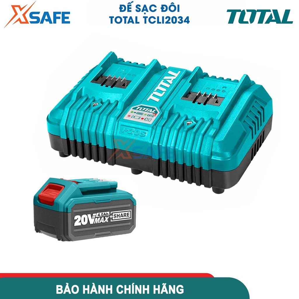 Bộ sạc pin đôi siêu nhanh TOTAL TCLI2034 điện áp đầu ra 20V, dòng điện sạc 4Ah, sạc pin 2Ah trong 30ph, pin 4Ah trong 1h