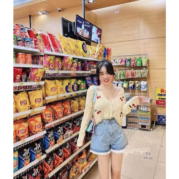 Áo cadigan mỏng thêu cherry hàng QC