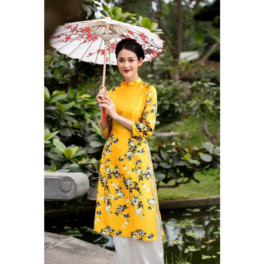 Áo Dài Cách Tân Họa Tiết Hoa Mai Trắng