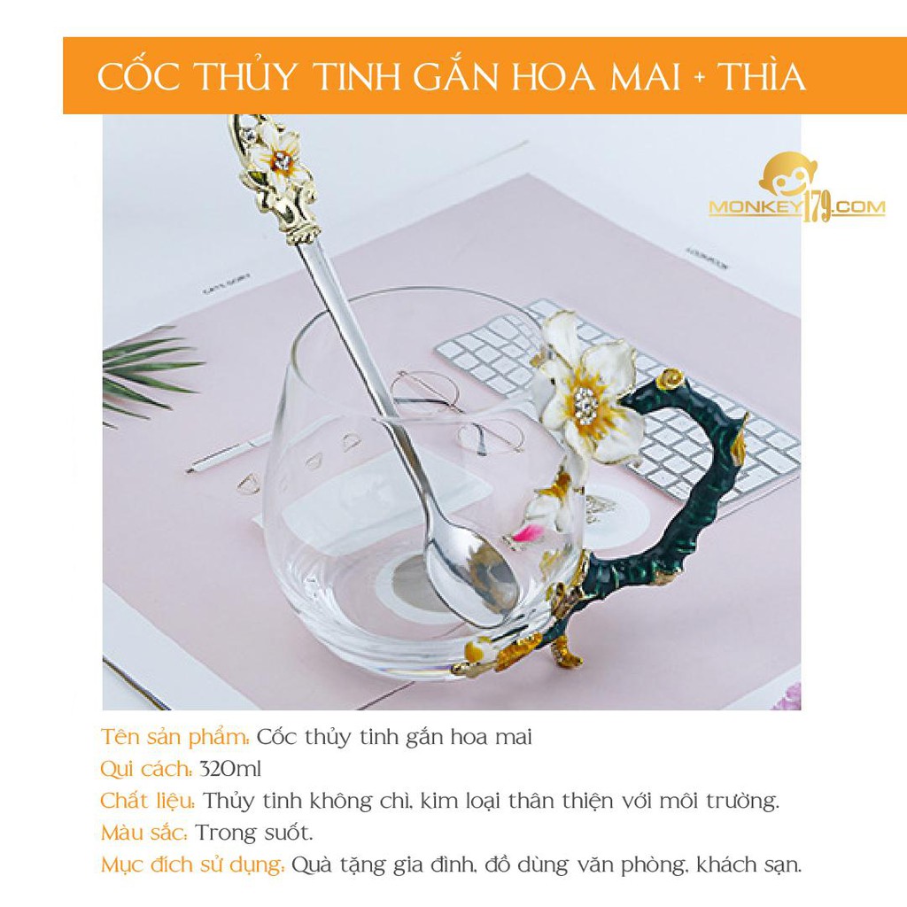 Cốc trà thủy tinh gắn hoa mai + thìa