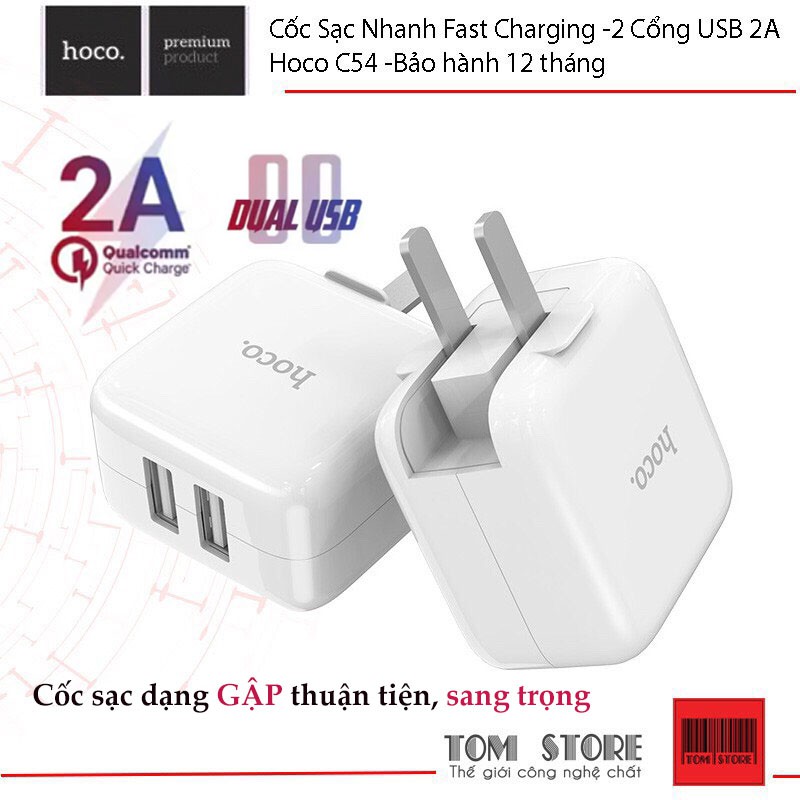 Củ sạc Nhanh Fast Charging -2 Cổng USB 2A Hoco C54 -Bảo hành 12 tháng