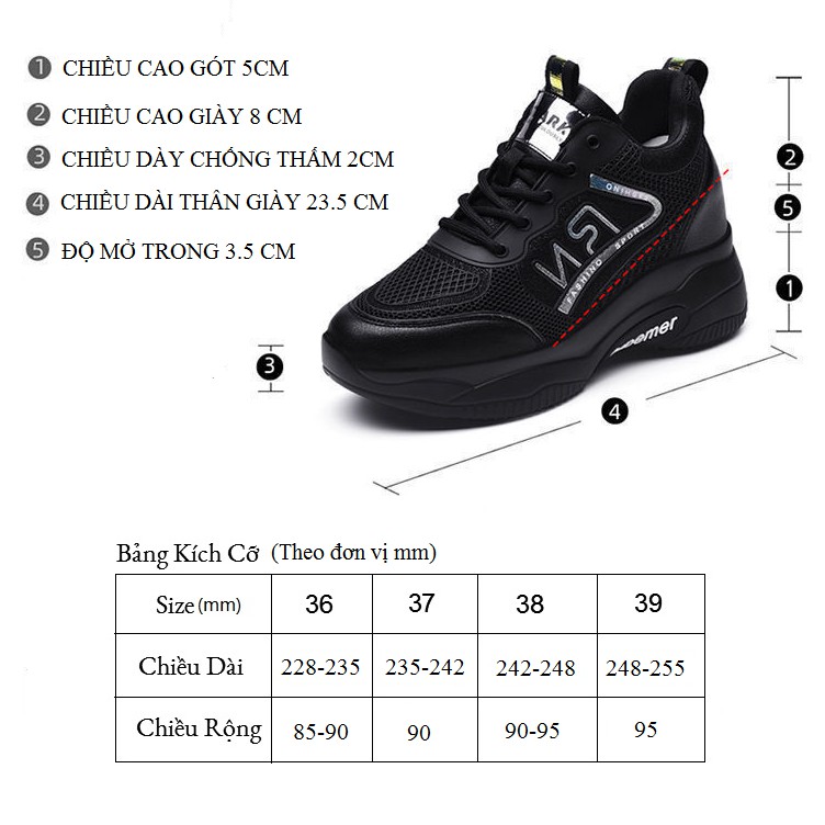 Giày Thể Thao Nữ - Sneaker Nữ Tăng Chiều Cao 5 cm FD7AF Thiết Kế Phong Cách Hàn Quốc Hai Màu Đen Trắng Nổi Bật