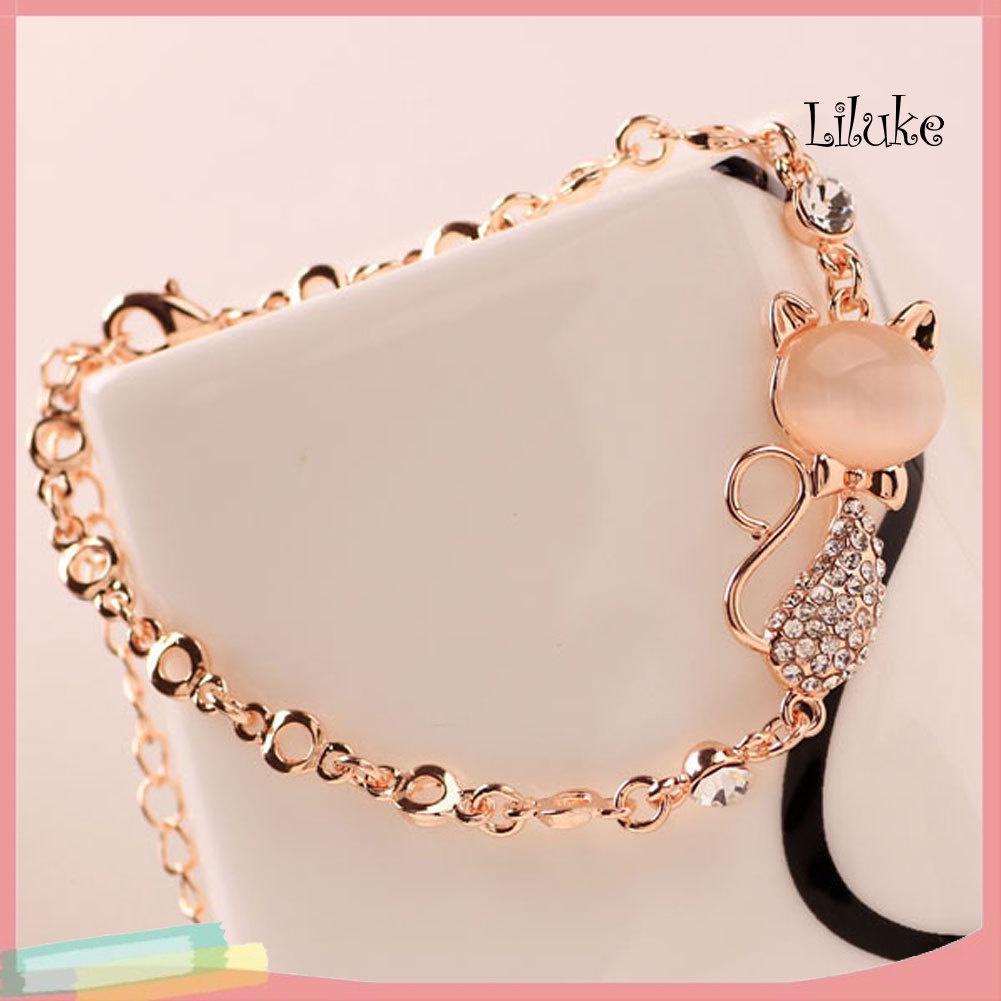 Vòng Tay Hợp Kim Mạ Vàng Trang Trí Hình Mèo Đính Đá Opal Thời Trang Cho Nữ