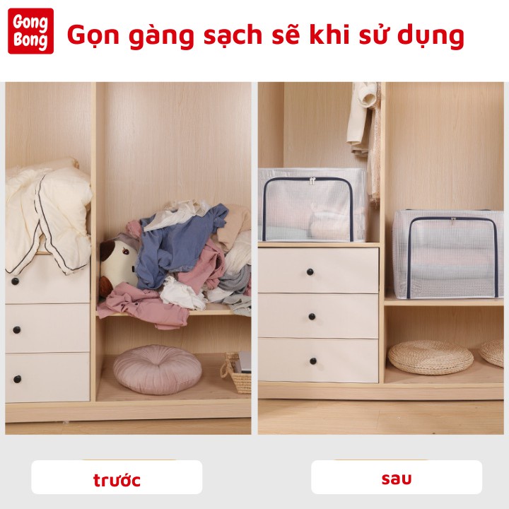 Hộp đựng quần áo chăn màn vải trong suốt chống thấm nước có khung thép có nắp khóa kéo dung tích 66l