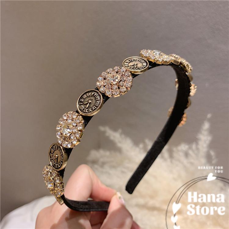 Cài tóc đính họa tiết đồng hồ vintage kèm hạt đá đính vòng tròn lấp lánh và sang chảnh