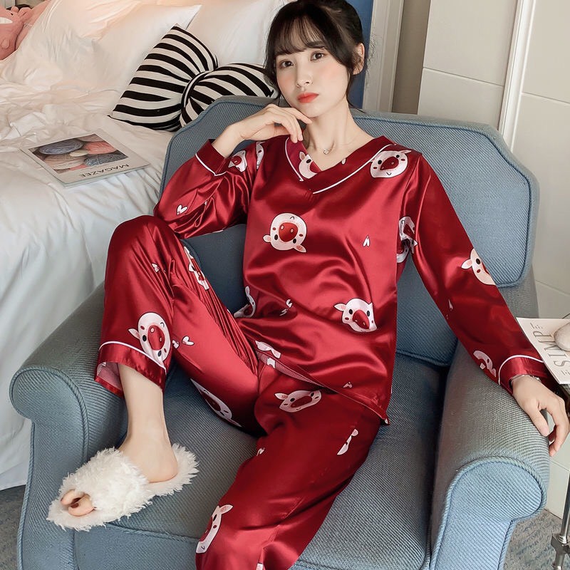 Bộ Ngủ, Bộ Đồ Mặc Nhà Pyjama Lụa Cao Cấp Cổ V Dài Tay Nhiều Mẫu