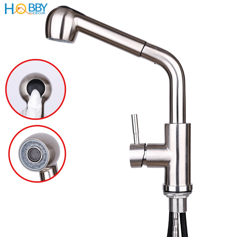 Vòi rửa chén nóng lạnh dây rút HOBBY Home Decor VDR2 Inox 304 - 2 chế độ phun - đầu vòi kéo dài tiện lợi