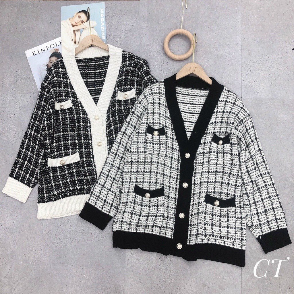 Áo cardigan ziczac gạo viền đen trắng Lucy Outfit thiết kế Áo len nhũ kẻ ô dáng rộng họa tiết Hàn Quốc | BigBuy360 - bigbuy360.vn