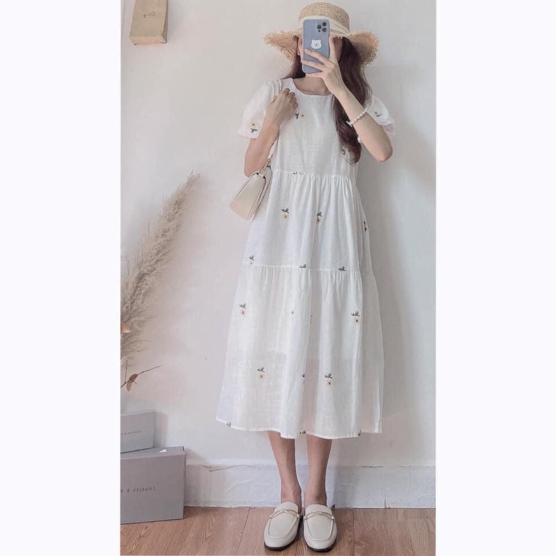 Váy Babydoll hoa cúc tay bồng dáng dài chất đũi thô/Váy vintage đũi hoa cúc tay bồng