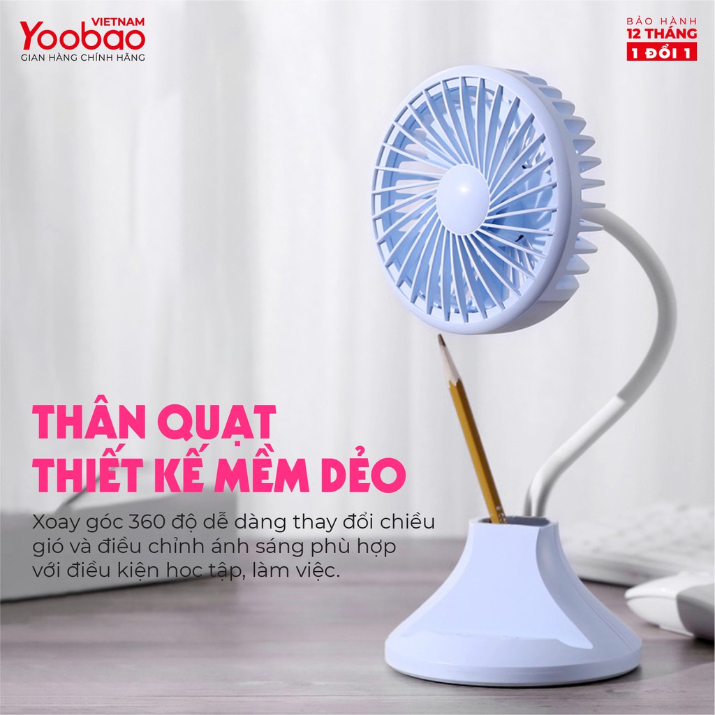 Quạt tích điện YOOBAO D8 2000mAh Tích hợp đèn bàn học Kèm khay đỡ điện thoại Hàng chính hãng Bảo hành 12 tháng 1 đổi 1 | BigBuy360 - bigbuy360.vn