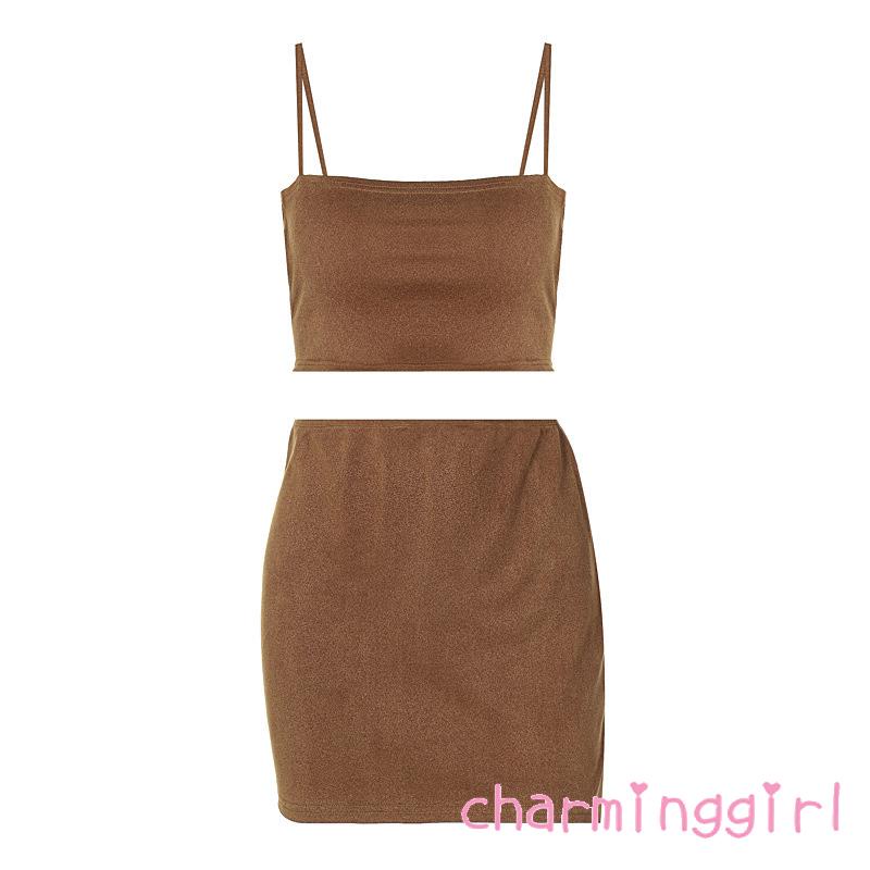 Set áo hai dây và chân váy ngắn lưng cao co giãn màu trơn thời trang mùa hè dành cho nữ