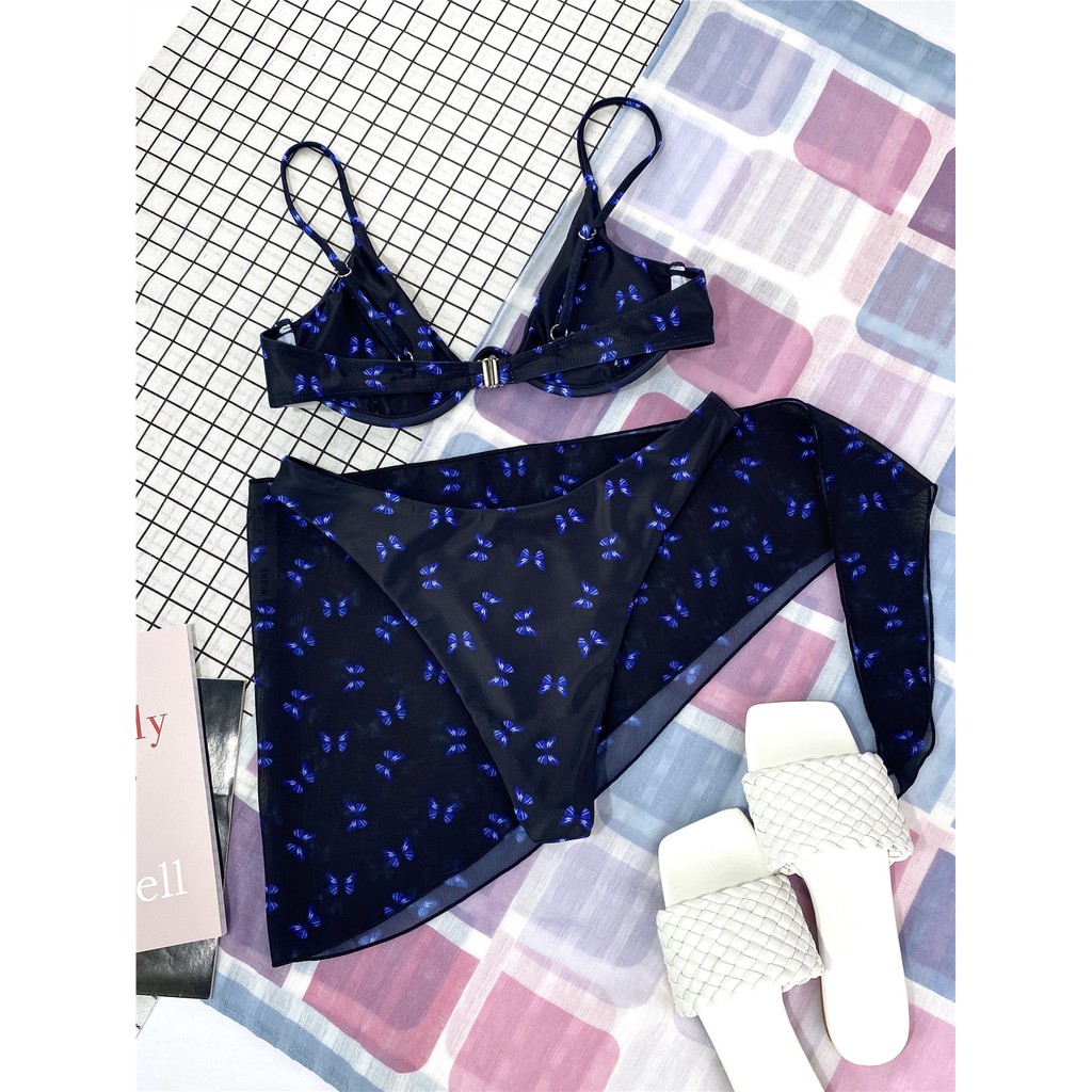 [BKN1166] &lt;ÂU&gt; SET BIKINI 3 MÓN ĐEN HỒ ĐIỆP XANH KÈM KHĂN HÔNG (CÓ GỌNG)