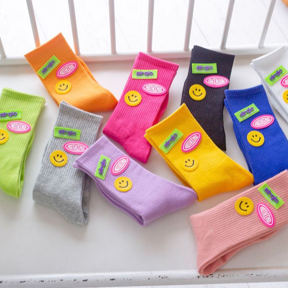 Vớ cotton màu trơn thoáng khí in chữ mặt cười phong cách Hàn Quốc đơn giản thời trang cho nam và nữ