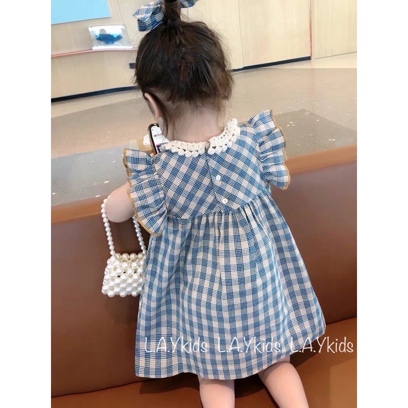 Váy Cánh Tiên Thô Mềm Sát Nách Tiểu Thư Điệu Đà Kẻ Caro Phối Cổ Ren L.A.Y kids