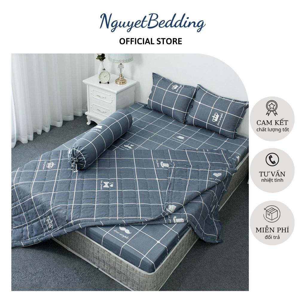 Mền Hè (Thu) Chần Bông Chất Cotton Poly Mẫu Kẻ Râu Ghi - Combo 5 món (1 ga, 2 vỏ gối nằm, 1 vỏ gối ôm, 1 chăn hè)