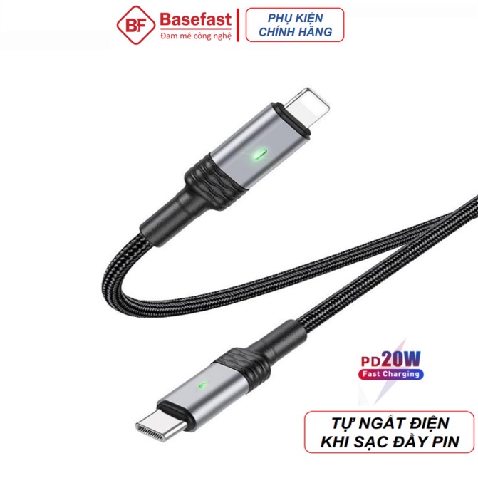 Cáp sạc IP 20W Tự ngắt điện khi đầy pin Basefast - Dây bọc dù báo đèn LED Type C to IP 11 12 13 14 Pro Max