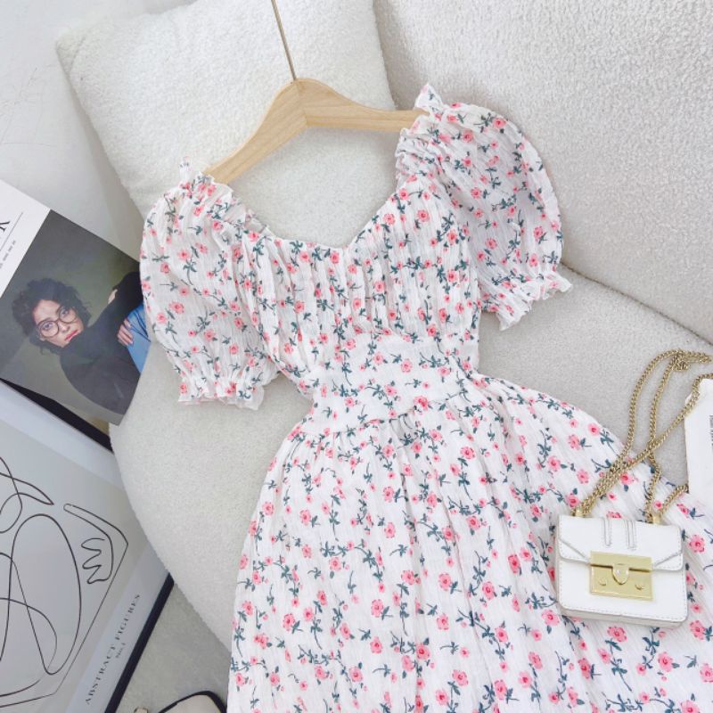 Đầm Midi Hoa Cut Out Lưng Váy Hoa Dáng Dài Nhíu Ngực Nơ Lưng Tay Bo Chun Nền Hoa Nhí Ngọt Ngào Cực Xinh Chất Mát Mịn