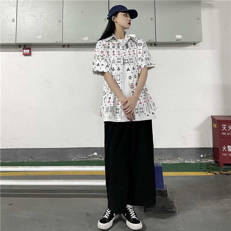 Áo Sơ Mi Tay Ngắn Dáng Rộng In Họa Tiết Mạt Chược Kiểu Trung Hoa Thời Trang Mùa Hè 2022 Cho Các Cặp Đôi