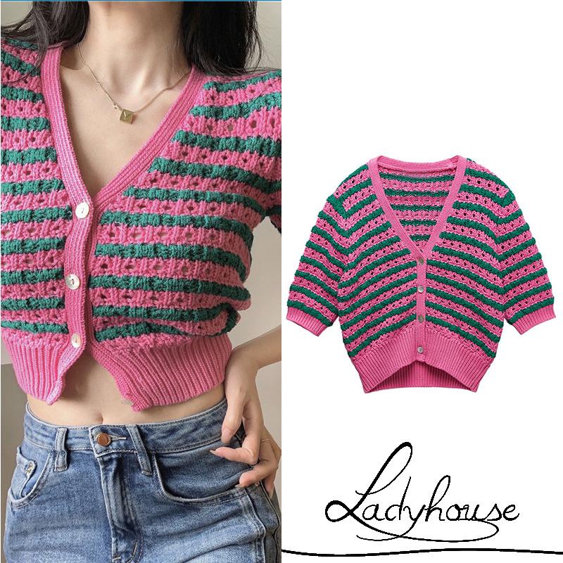 Áo cardigan dệt kim tay ngắn cổ chữ V cài nút họa tiết kẻ sọc thanh lịch cho nữ