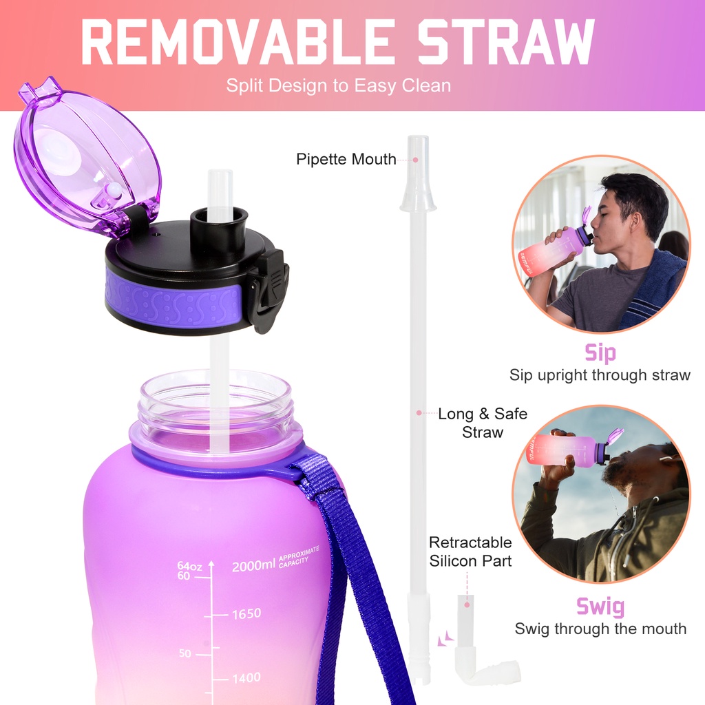 Bình Nước 2L Dung Tích Lớn Chống Trượt Không BPA Kèm Ống Hút Tiện Dụng Cho Các Hoạt Động Thể Thao Ngoài Trời