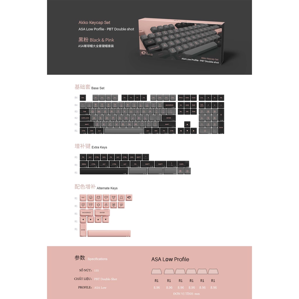 AKKO Keycap set – Black Pink (PBT DoubleShot/ASA Low profile/155 nút)