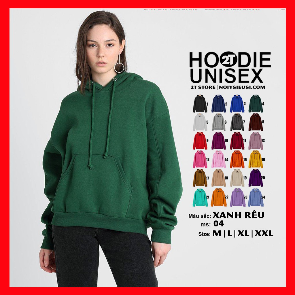 Áo hoodie unisex 2T Store H04 màu xanh rêu - Áo khoác nỉ chui đầu nón 2 lớp dày dặn chất lượng đẹp