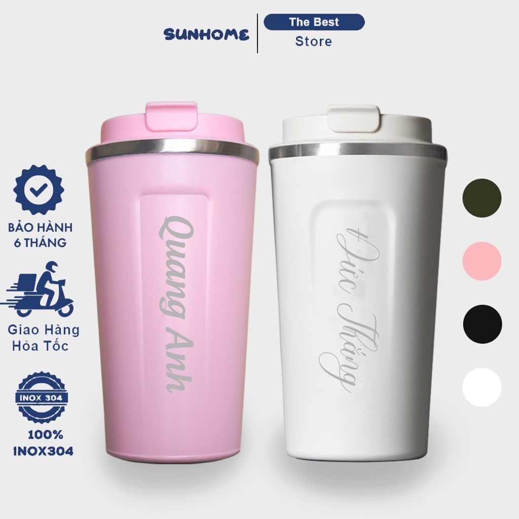 Ly giữ nhiệt SUNHOME 510ml, cốc đựng nước inox 304, bình giữ nhiệt mini cute cho bé khắc tên theo yêu cầu tặng Sticker