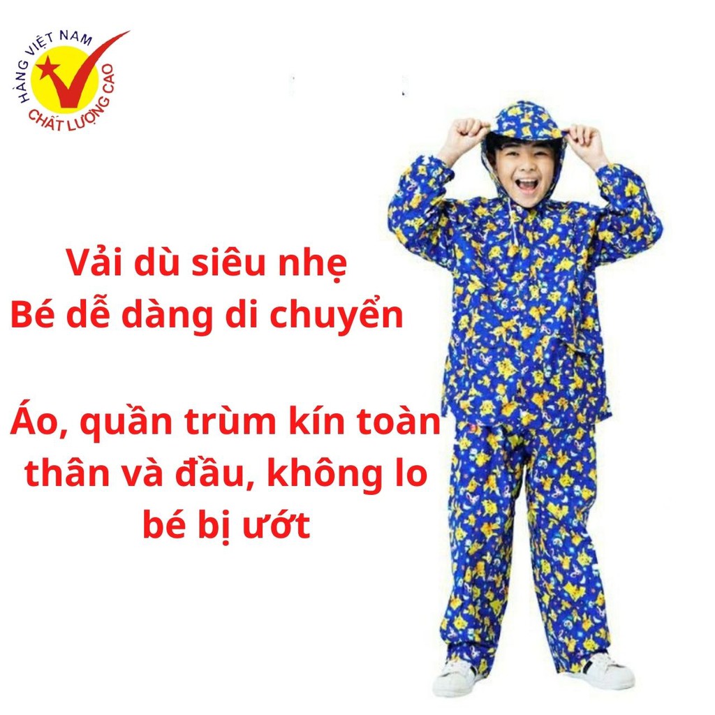 Áo Mưa Bộ Cho Bé, Quần Áo Mưa Trẻ Em Vải Dù Cao Cấp, Siêu Bền, Siêu Nhẹ, Họa Tiết Đẹp, Ngộ Nghĩnh