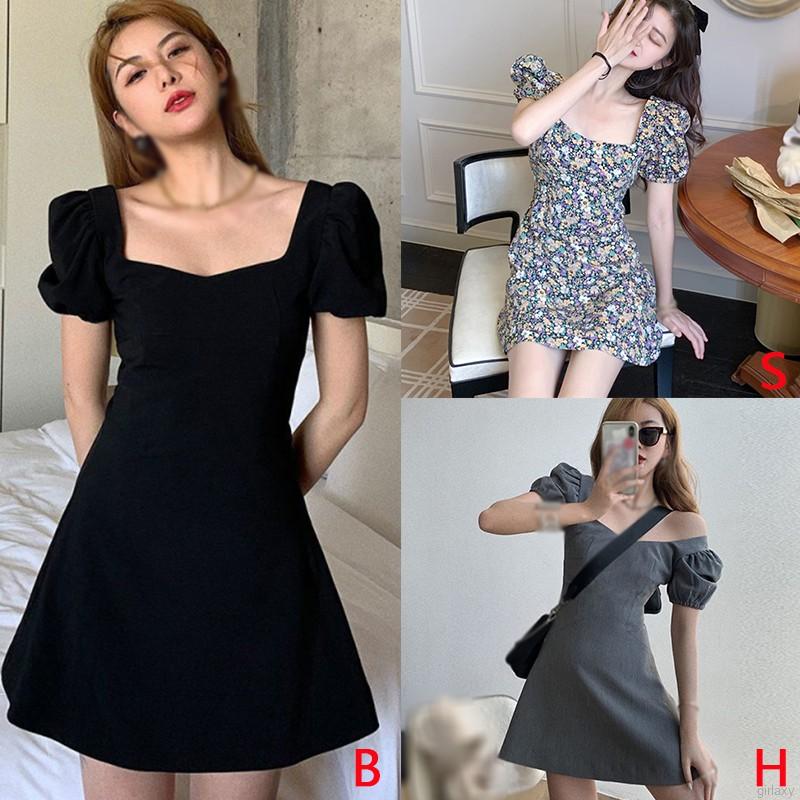 Đầm Tay Phồng Cổ Vuông Họa Tiết Hoa Phong Cách Retro Hàn Quốc