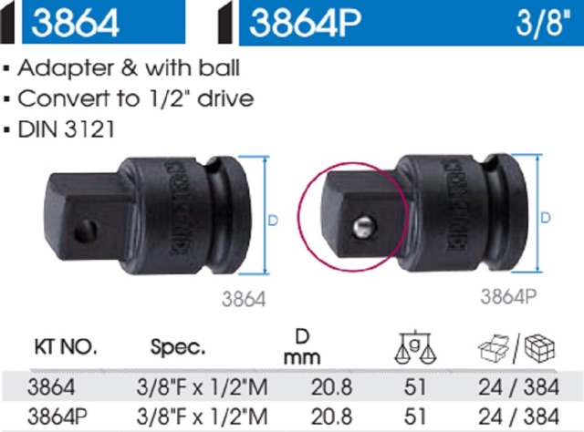 3864P Đầu chuyển 3/8 ra 1/2 đen Kingtony