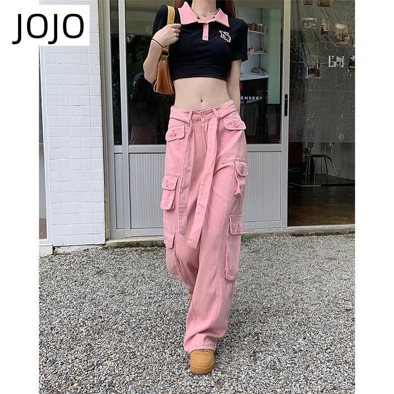 Quần Yếm Jean Hồng Dáng Rộng Nhiều Túi Phong Cách Retro Mỹ Mới Cho Nữ