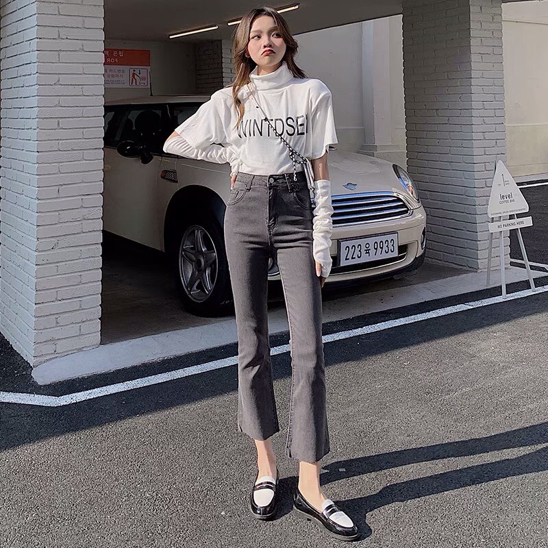 Quần Jeans Nữ Ống Loe Tua Gấu Xám Tro Cá Tính, Quần Bò Nữ Dáng Loe Lưng Cao Siêu Hack Dáng Cao Cấp