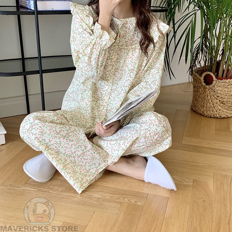 Bộ Đồ Ngủ Tay Dài Phối Bèo In Hoa Phong Cách Hàn Quốc Xinh Xắn Cho Nữ