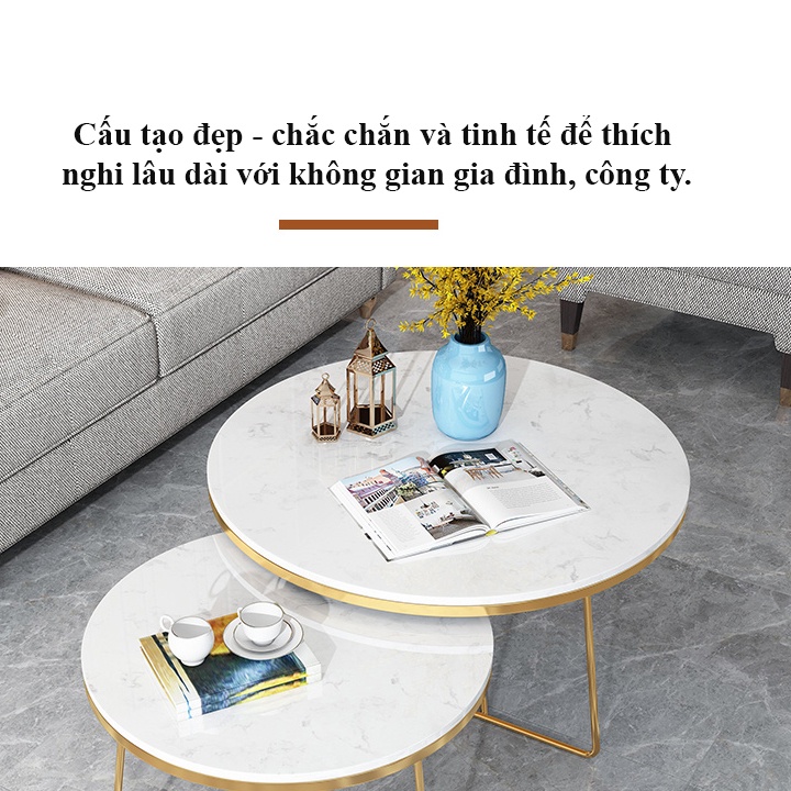 Bàn trà đôi tròn phòng khách mặt đá cẩm thạch, bàn uống nước bắc âu hiện đại