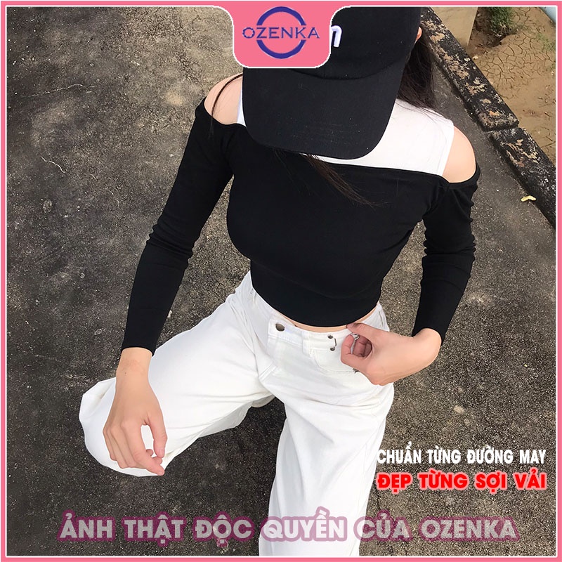 Áo croptop hở vai tay dài ôm nữ OZENKA thun gân đẹp 100% cotton cải màu sang chảnh size dưới 50 kg