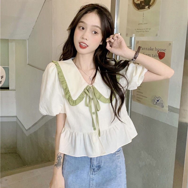 COZOK Áo Sơ Mi Ngắn Tay Cổ Búp Bê Đính Nơ Phối Màu Tương Phản Thời Trang