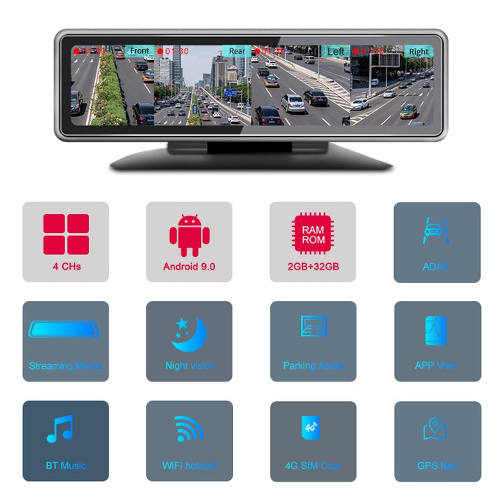 Camera hành trình 360 độ gắn gương và taplo ô tô cao cấp Phisung T88 - Ram: LPDDR4,2GB Rom: EMMC5.1,32GB - Android 9.0