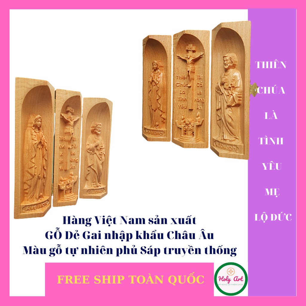 Tượng Mẹ Vô Nhiễm-Chúa-Thánh Giuse bằng gỗ  15x7cm. Tượng làm quà tặng, tuyên xưng, mang theo mình cầu nguyện