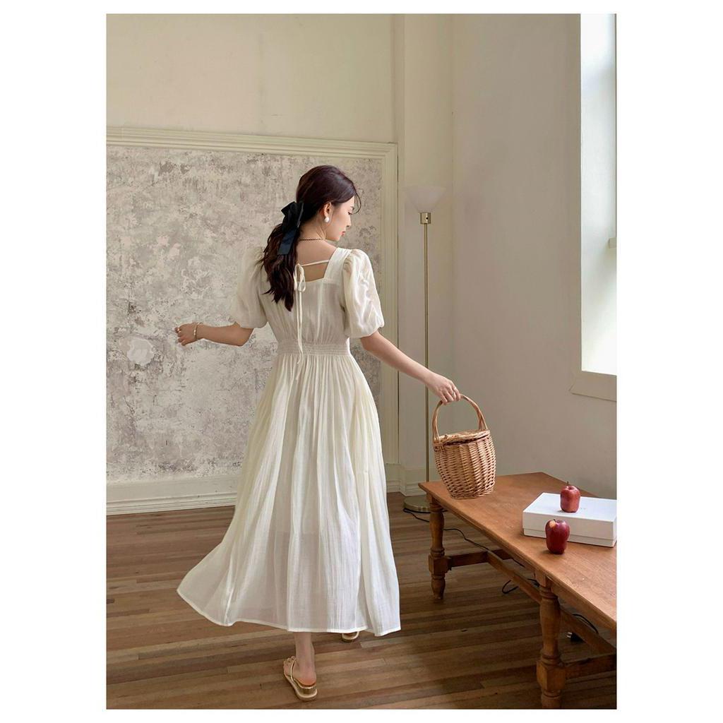 Đầm Tay Phồng Xếp Ly Màu Trơn Phong Cách Pháp Cổ Điển Thời Trang Mùa Hè Kiểu Mới 64057