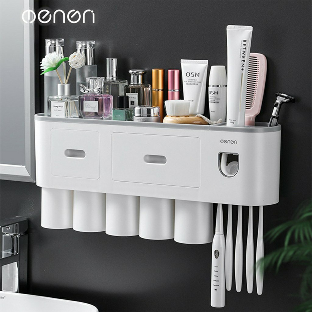 Bộ Nhả Kem Đánh Răng Tự Động Oenen, Kệ Để Đồ Nhà Tắm Cao Cấp Kèm Cốc Hút Từ Tính