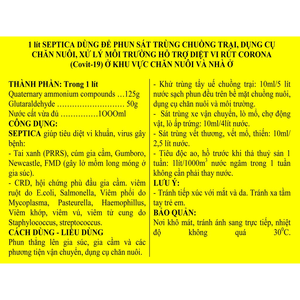 1 lít SEPTICA chuyên dùng để khử trùng chuồng trại, dụng cụ, môi trường trong chăn nuôi, xử lý môi trường nước thủy sản