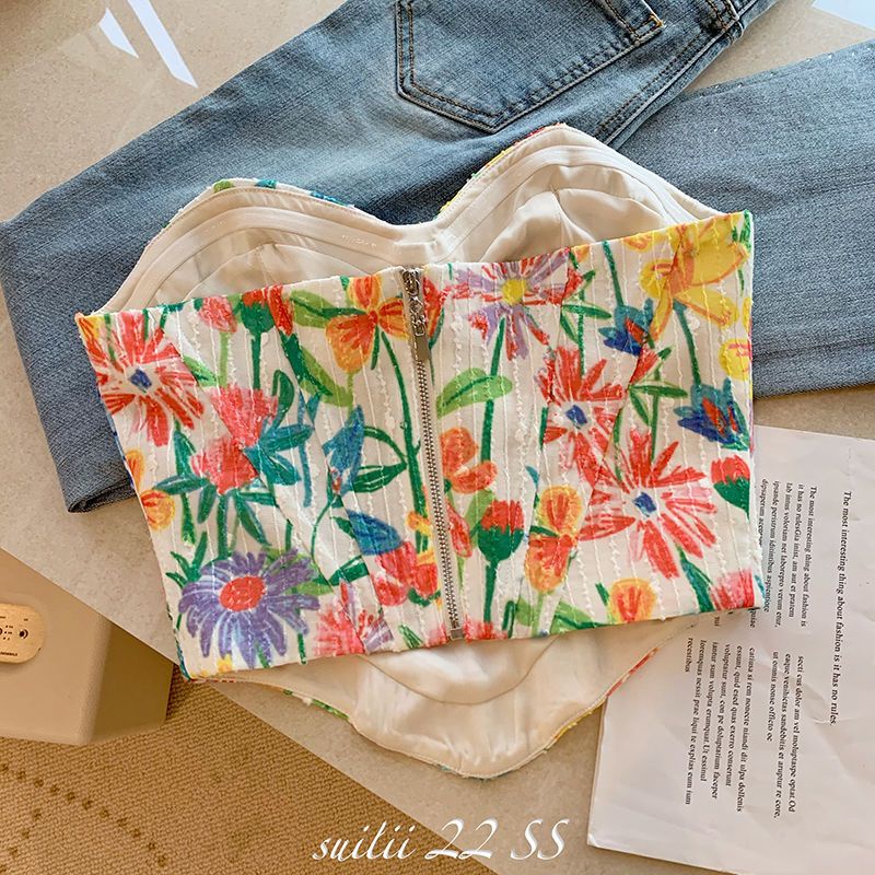 Áo Ống Corset Hoạ Tiết Hoa Nhiều Màu, Áo Ống Croptop Có Khoá Kéo Phong Cách Retro ❤️