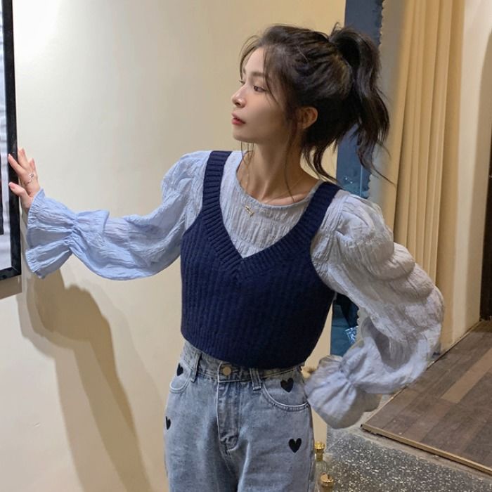 COZOK Set áo sơ mi voan tay dài và áo len không tay phong cách Hàn Quốc